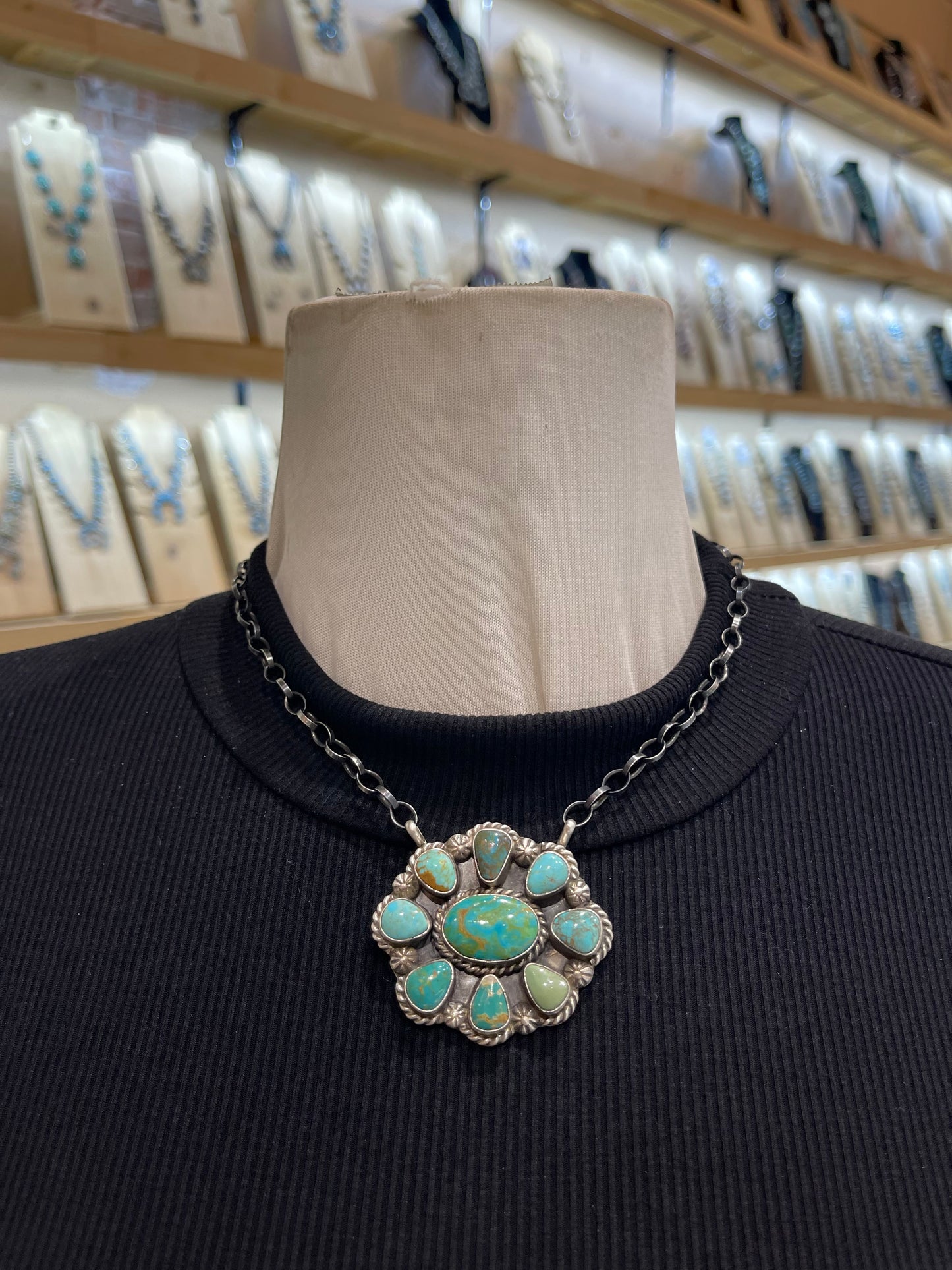 16" Kingman Turquoise Cluster Necklace by Augustine Largo, Navajo