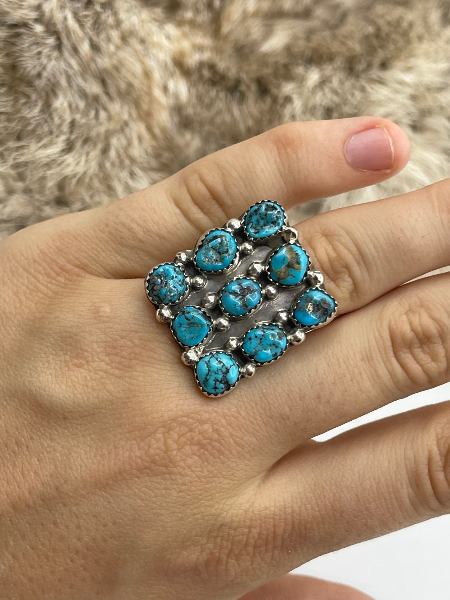 9.0 9 Stone Square Turquoise Ring by Herbert Begay, Navajo