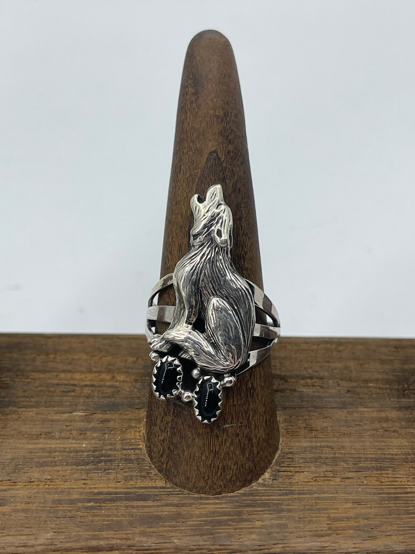 Wolf  Howling Ring w/ Black Onyx by Robert Martinez