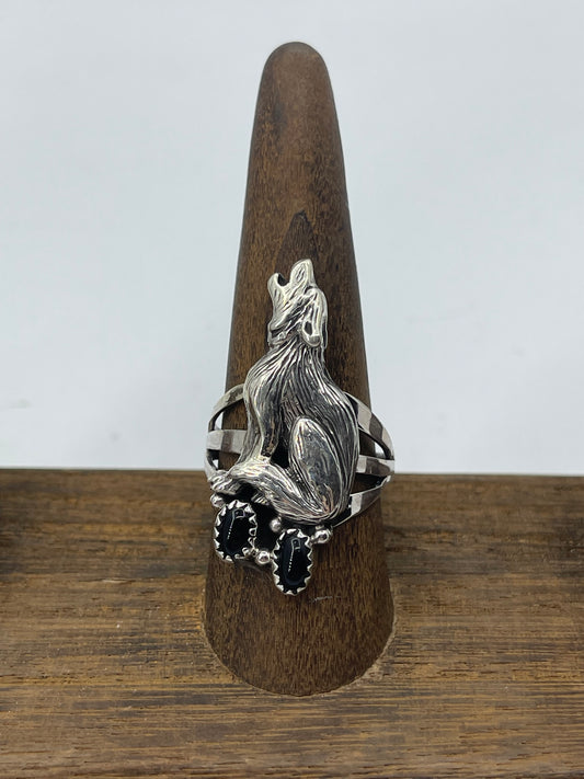 Wolf  Howling Ring w/ Black Onyx by Robert Martinez
