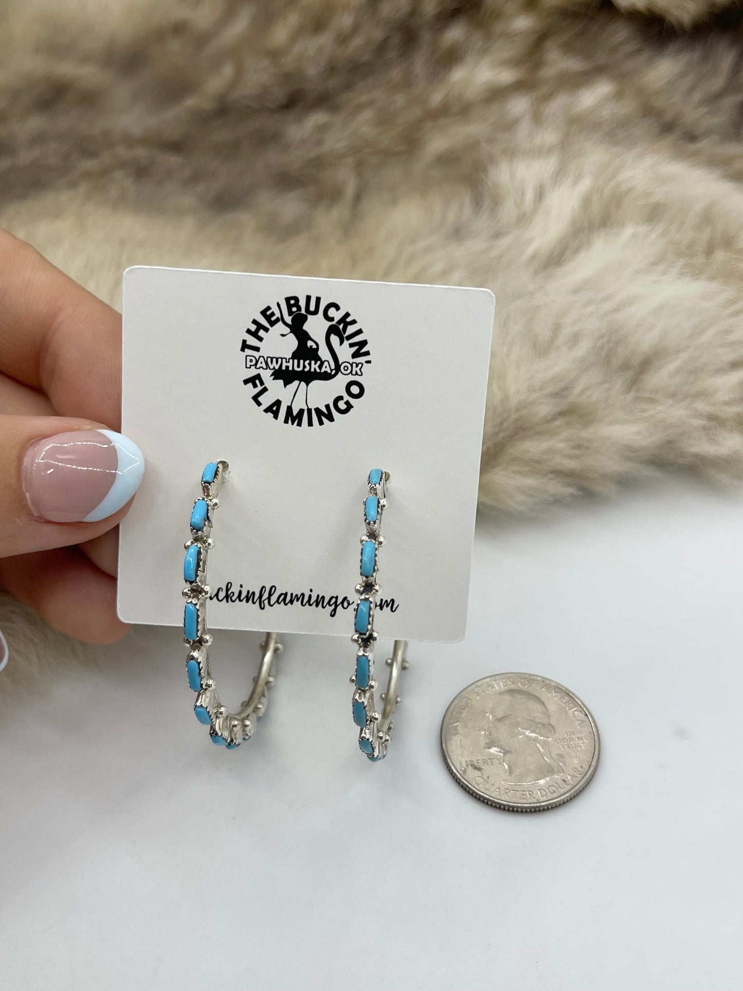 NEEDLEPOINT TURQUOISE HOOP EARRINGS BY ALVIN & AURELIA HAUGHTE, ZUNI