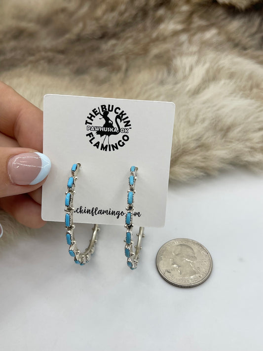 NEEDLEPOINT TURQUOISE HOOP EARRINGS BY ALVIN & AURELIA HAUGHTE, ZUNI