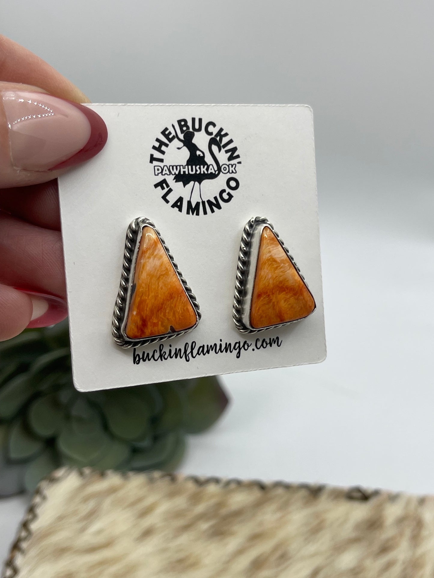 Orange Spiny Oyster Shell Triangle Post Earrings by Elouise Kee, Navajo