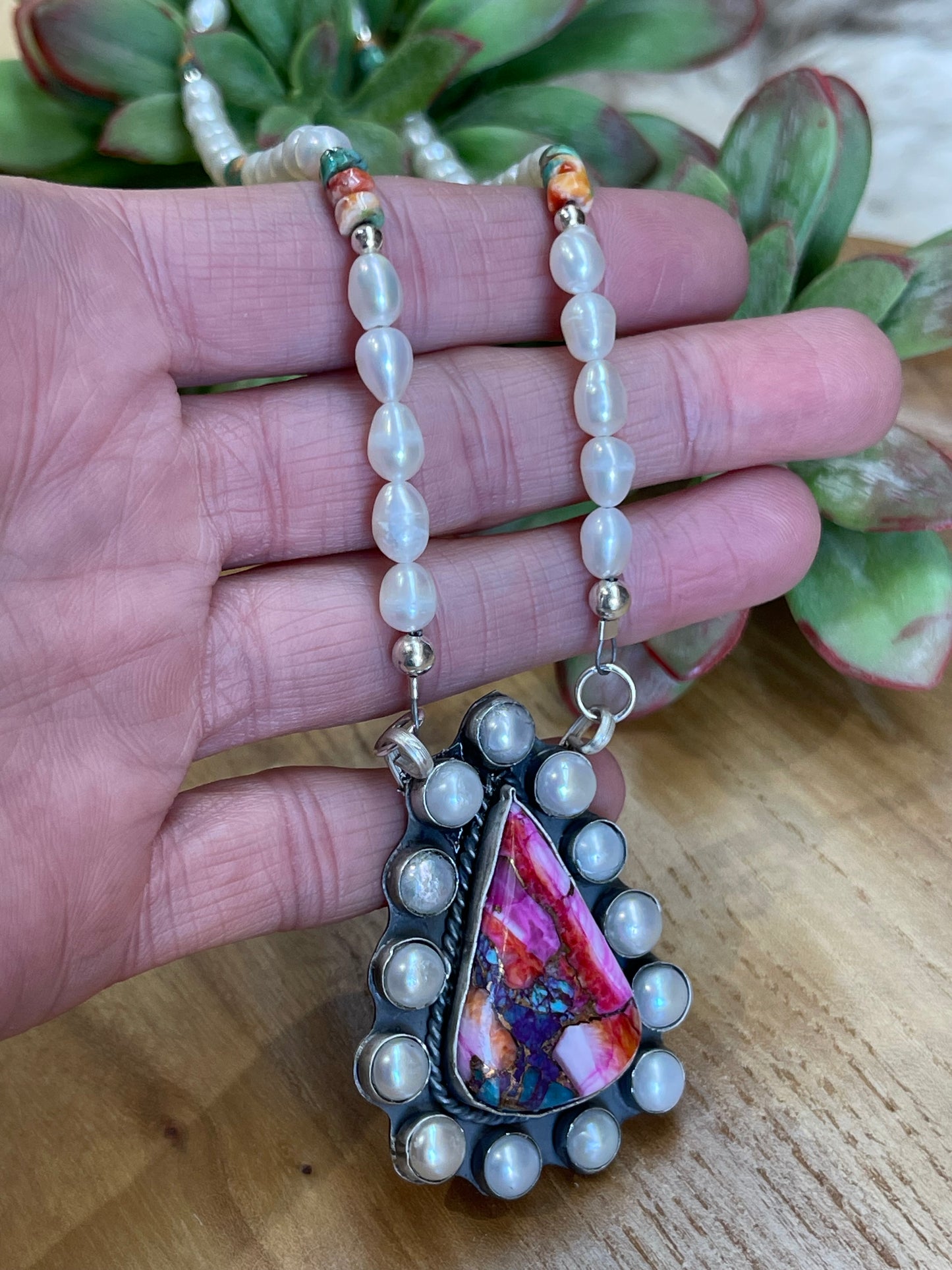 18" Pink Dahlia Necklace with Fresh Water Pearls by TT, Navajo