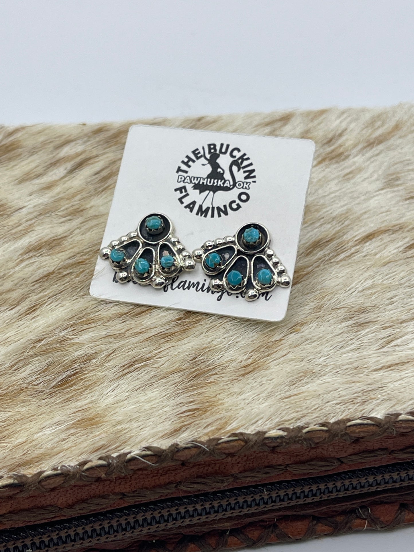 Kingman Turquoise Fan Earrings by Joan Cheama, Zuni
