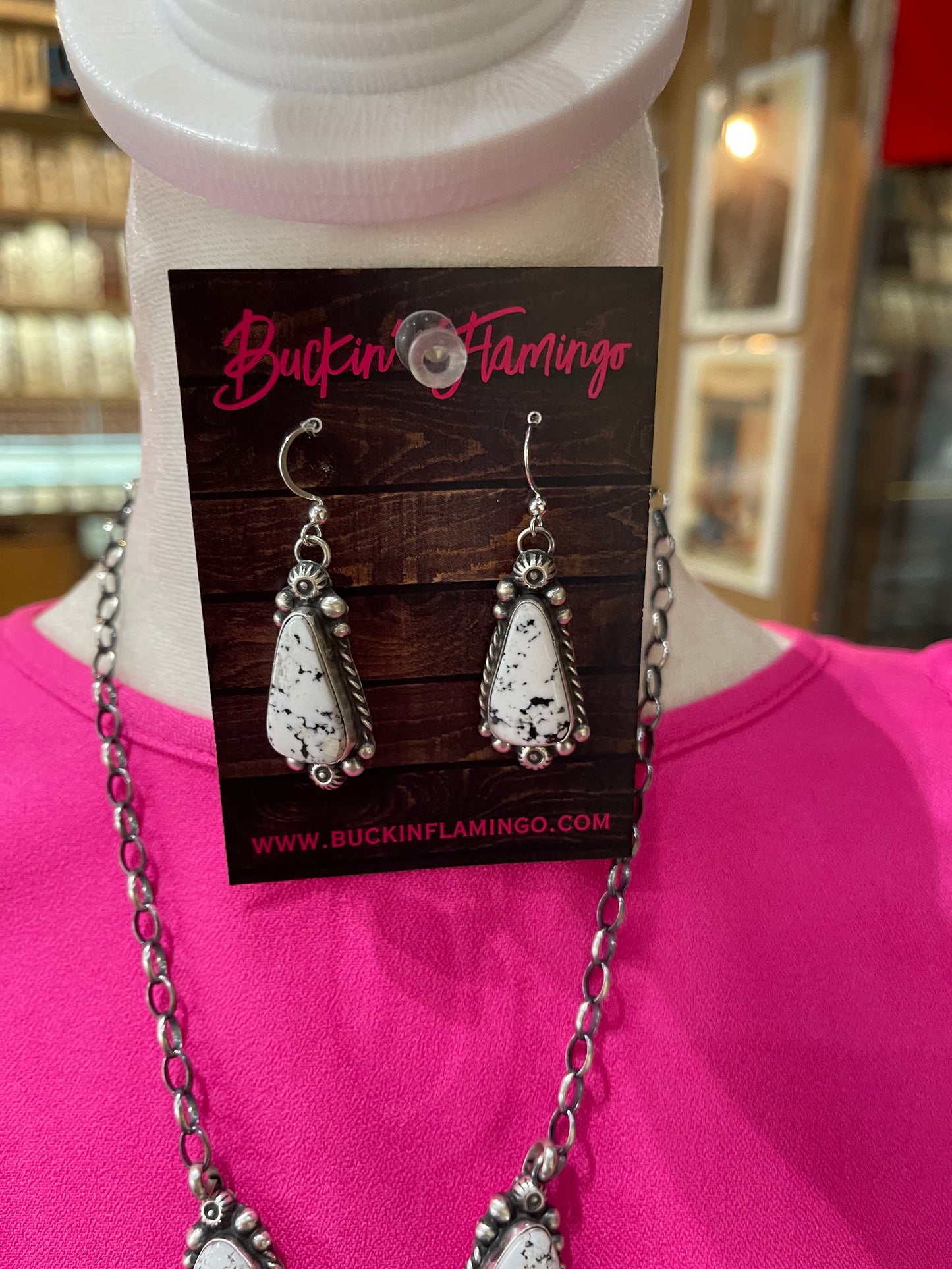 26" White Buffalo Lariat Necklace and Dangle Earrings Set by Anne Spencer, Navajo