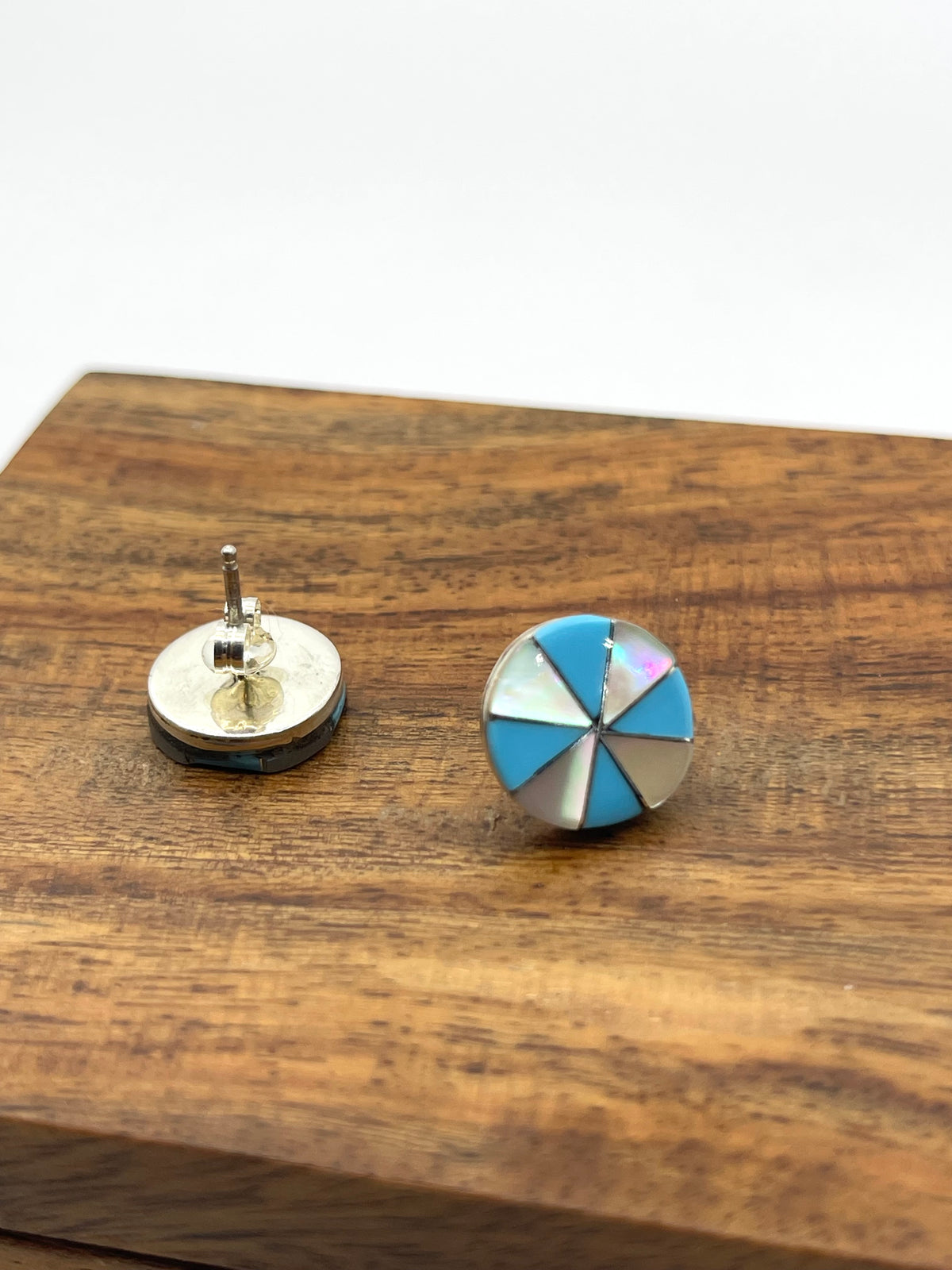 LOT 66 A 9/6 Mother of Pearl and Turquoise Inlay Circle Earrings by Johnson Laweka, Zuni