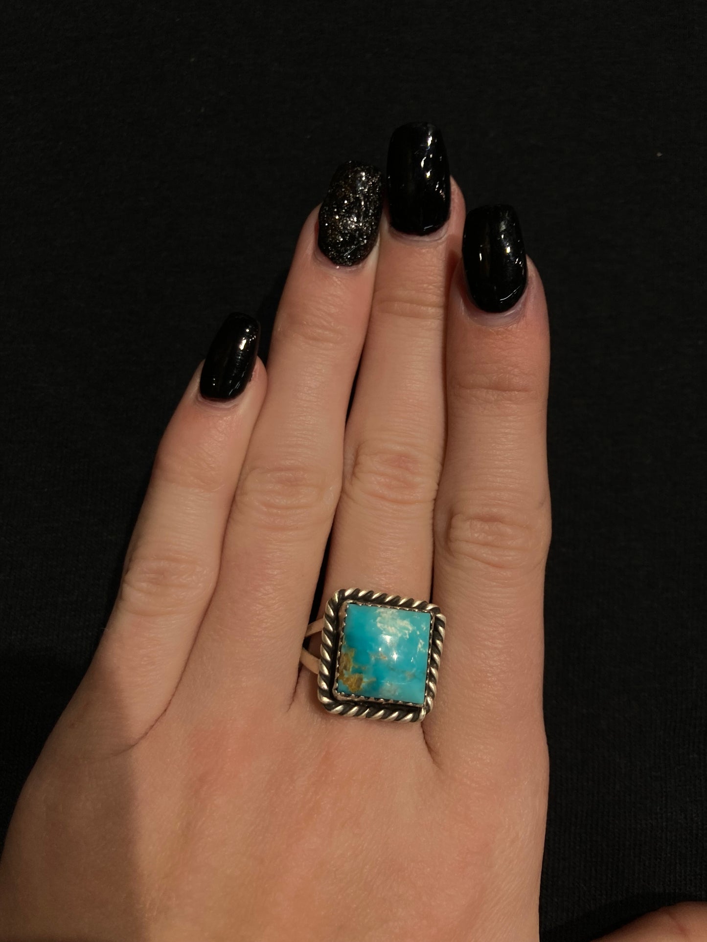 9.0 Turquoise Square Ring, Navajo Made