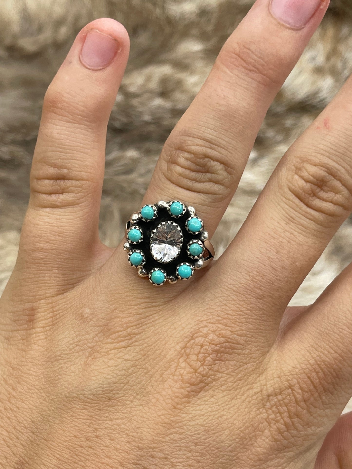 5.0 Turquoise & Quartz Ring by Sheena Jack, Navajo