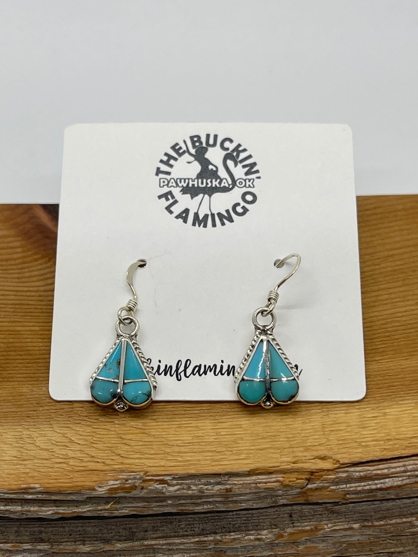 Turquoise Inlay Heart Dangle Earrings by Vaeida Nastacio, Zuni
