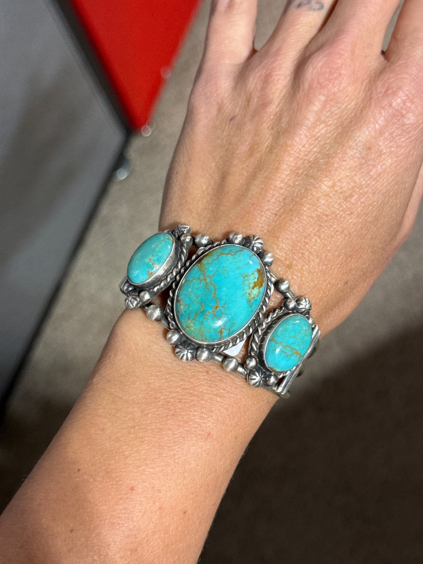 3 Stone Kingman Turquoise Cuff by Augustine Largo, Navajo