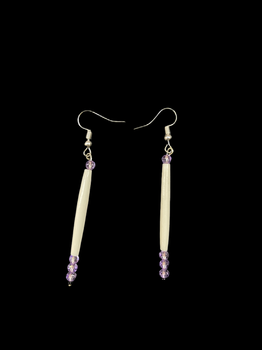 Bone with 3 Light Purple Beads on Hook Earrings