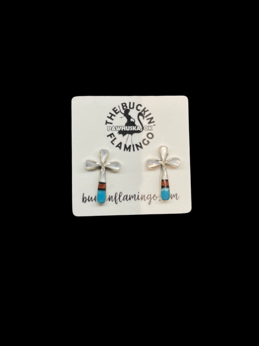 Inlay Cross Post Earrings by Kristina Bowannie, Zuni