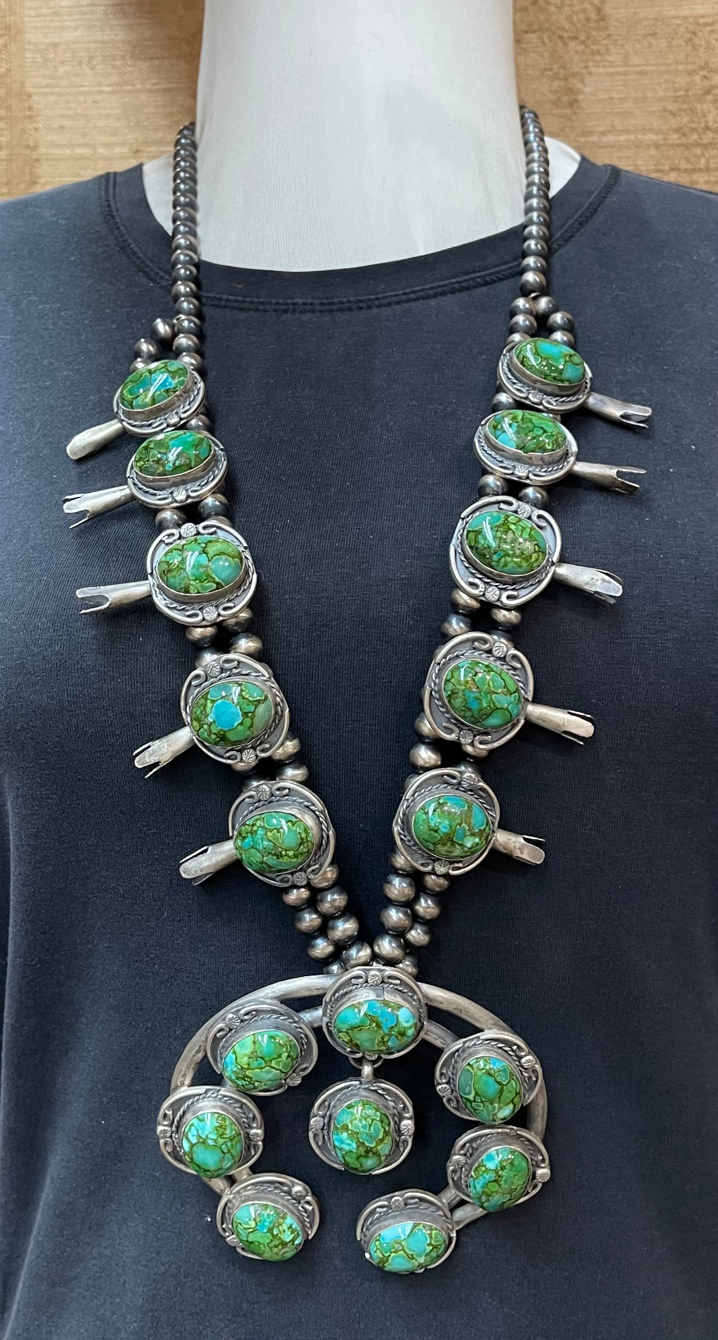 Native American made squash blossom Sonoran Gold Turquoise by Gilbert Nez