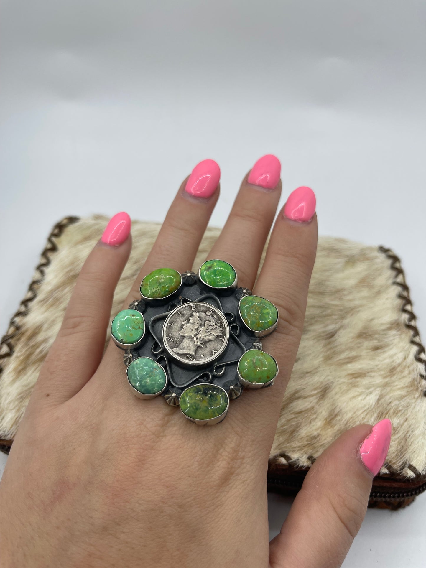 1944 Silver Dimes and Sonoran Gold Cluster by Phil Nez, Navajo, Size 7.5