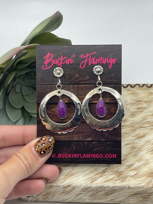Purple Mojave Post Dangle Hoop Earrings by Sheena Jack, Navajo