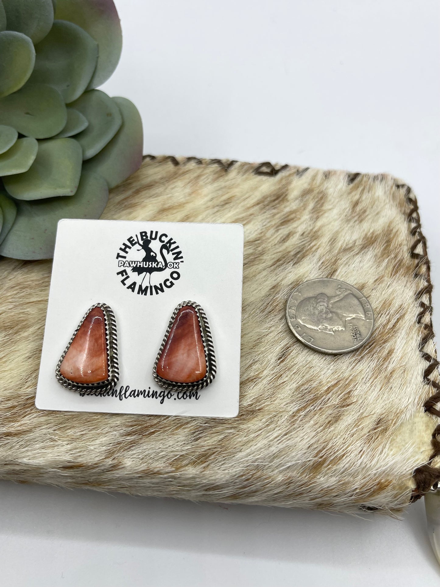 Orange Spiny Oyster Sell Triangle Post Earrings by Virginia Becenti, Navajo