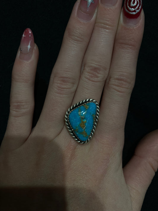 9.0 Triangle Turquoise Stone Ring by Fannie Platero, Navajo