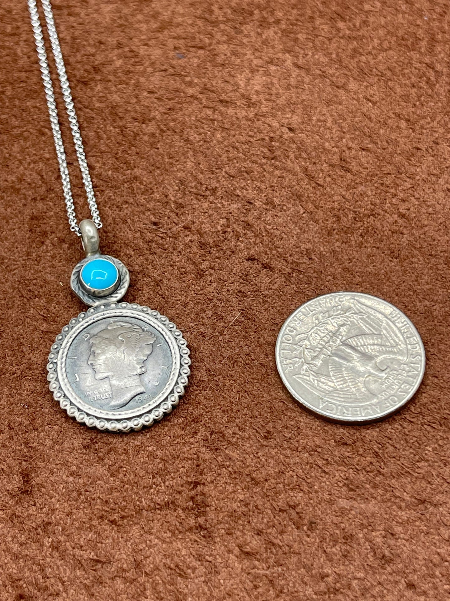 18" Silver Dime with Turquoise Stone Pendant Necklace with a 4mm Bale