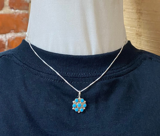 Dainty Sleeping Beauty Turquoise Cluster Pendant on a 15" Box Chain by Darla Bowannie, Zuni