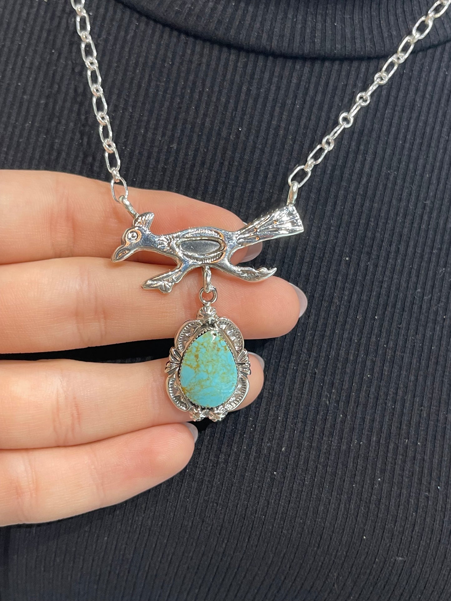 20" Roadrunner with Turquoise Necklace by Michael Yazzie, Navajo