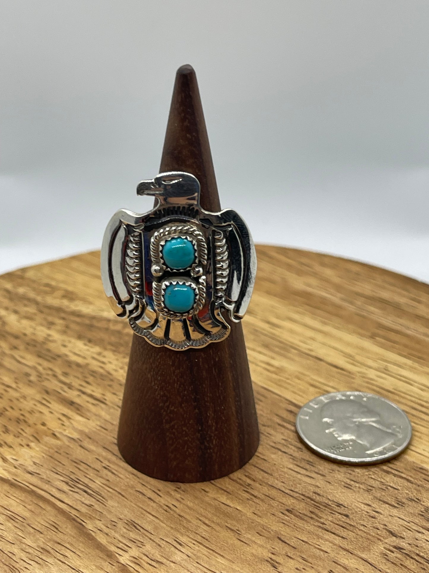 6.5 2 Stone Turquoise Thunderbird Ring by Alice Sanders, Navajo