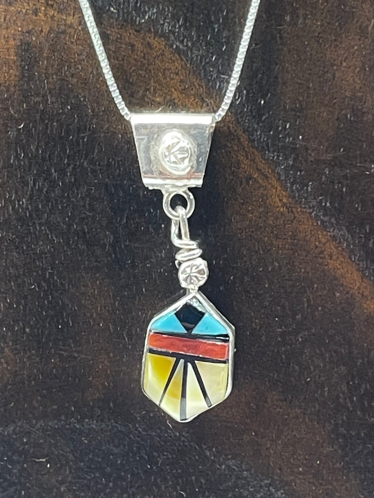 18" Necklace Small Inlay Pendant by Ola Eriacho, Zuni 3mm Bail