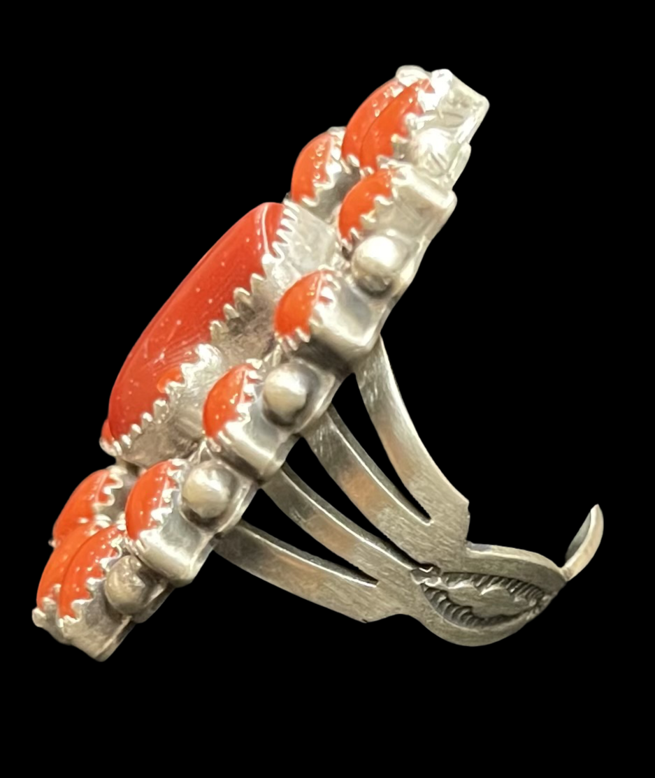 9.0 Red Coral Cluster Ring by Tom Lewis, Navajo