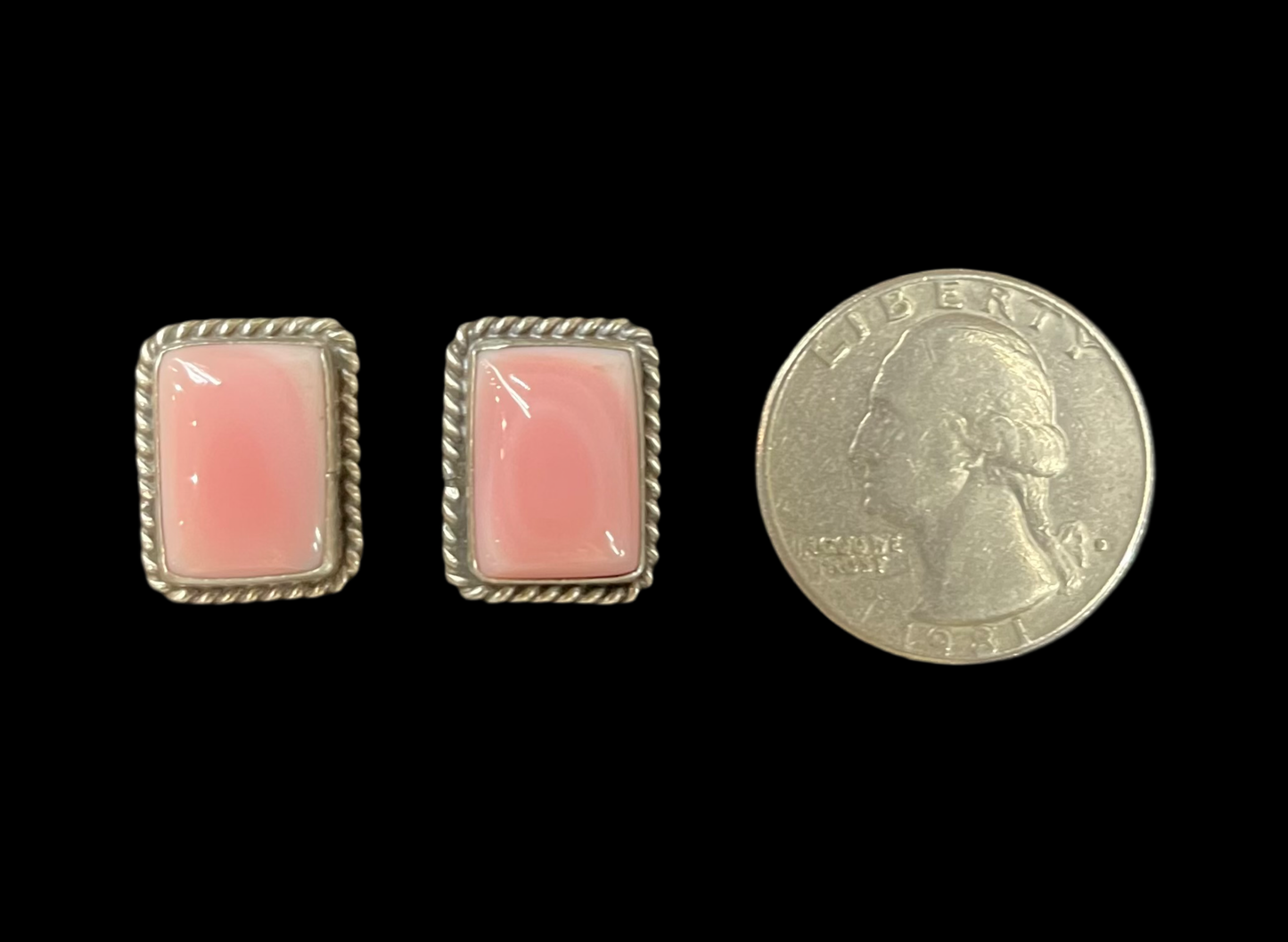 Pink Conch Shell Rectangle Post Earrings by Judith Dixon, Navajo