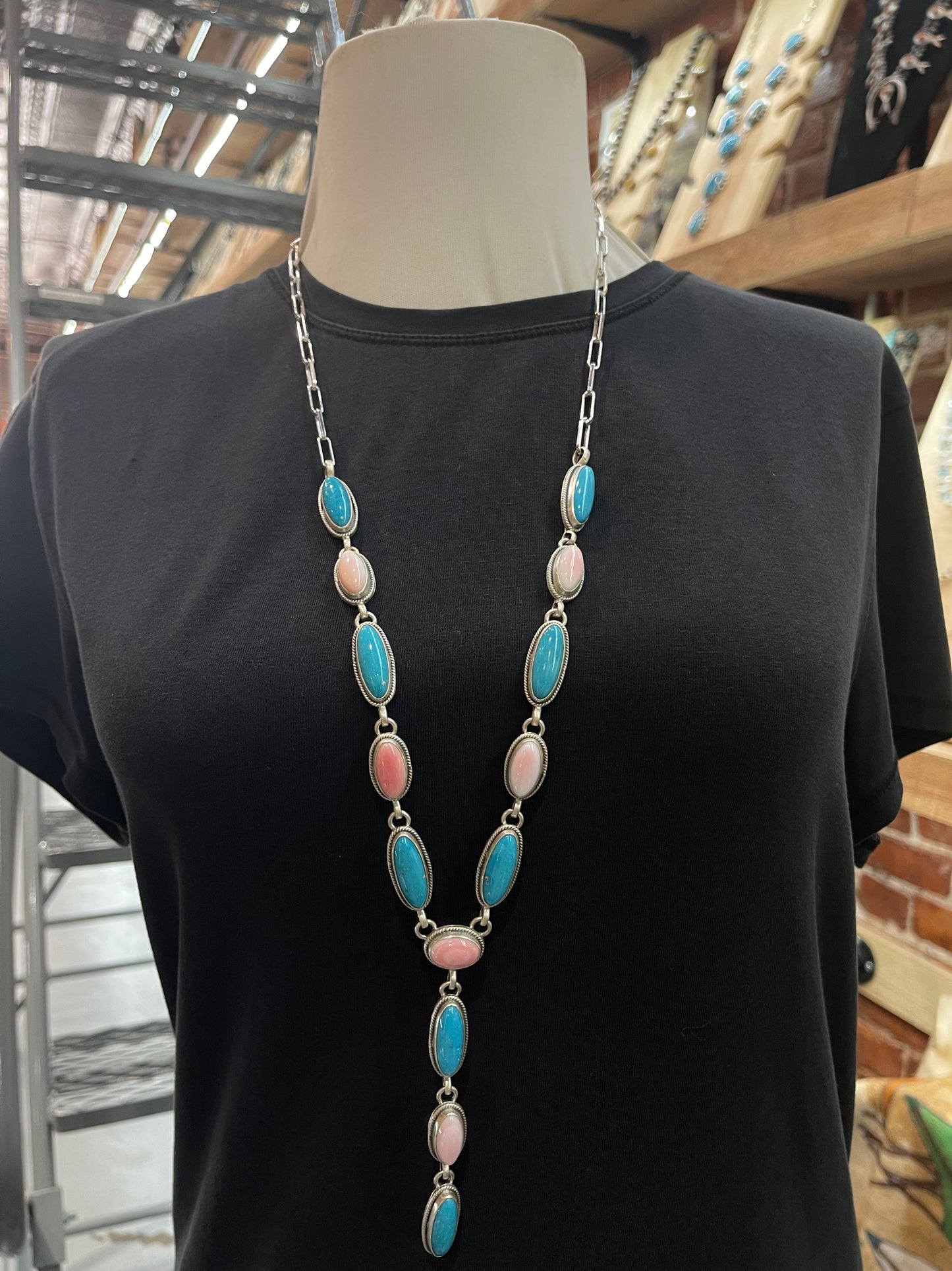 30" Pink Conch Shell and Turquoise Oval Lariat Necklace by Zia