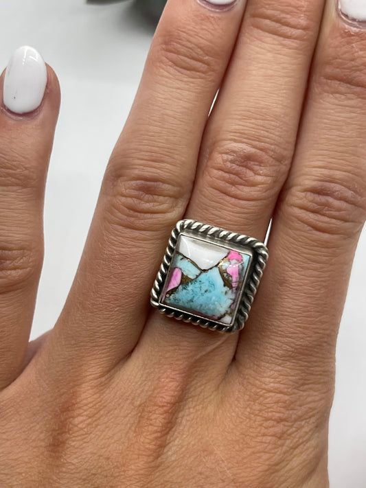 Adjustable 6.0-10.0 Cotton Candy Square Ring by Johnny Dixon, Navajo