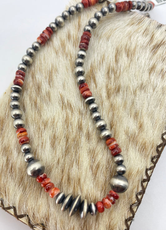 18"+2" Red Spiny Oyster Shell and Navajo Pearls Necklace