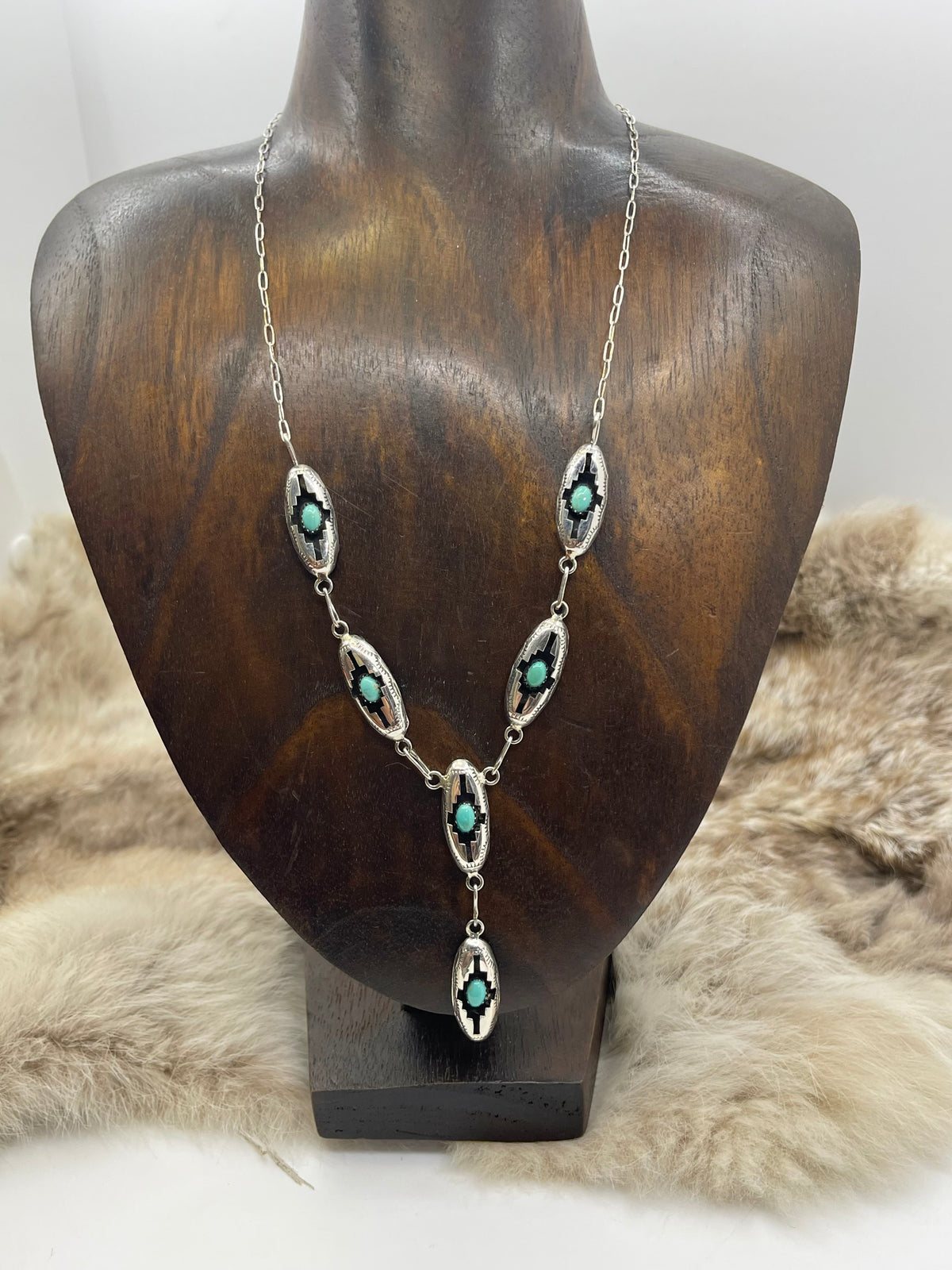 18" + 2.5" Drop Shadowbox Turquoise Lariat Necklace & Earring Set by Felix Perry, Navajo