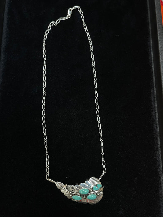 19" Feather Necklace with Turquoise Stones by Jimmy Garcia, Navajo