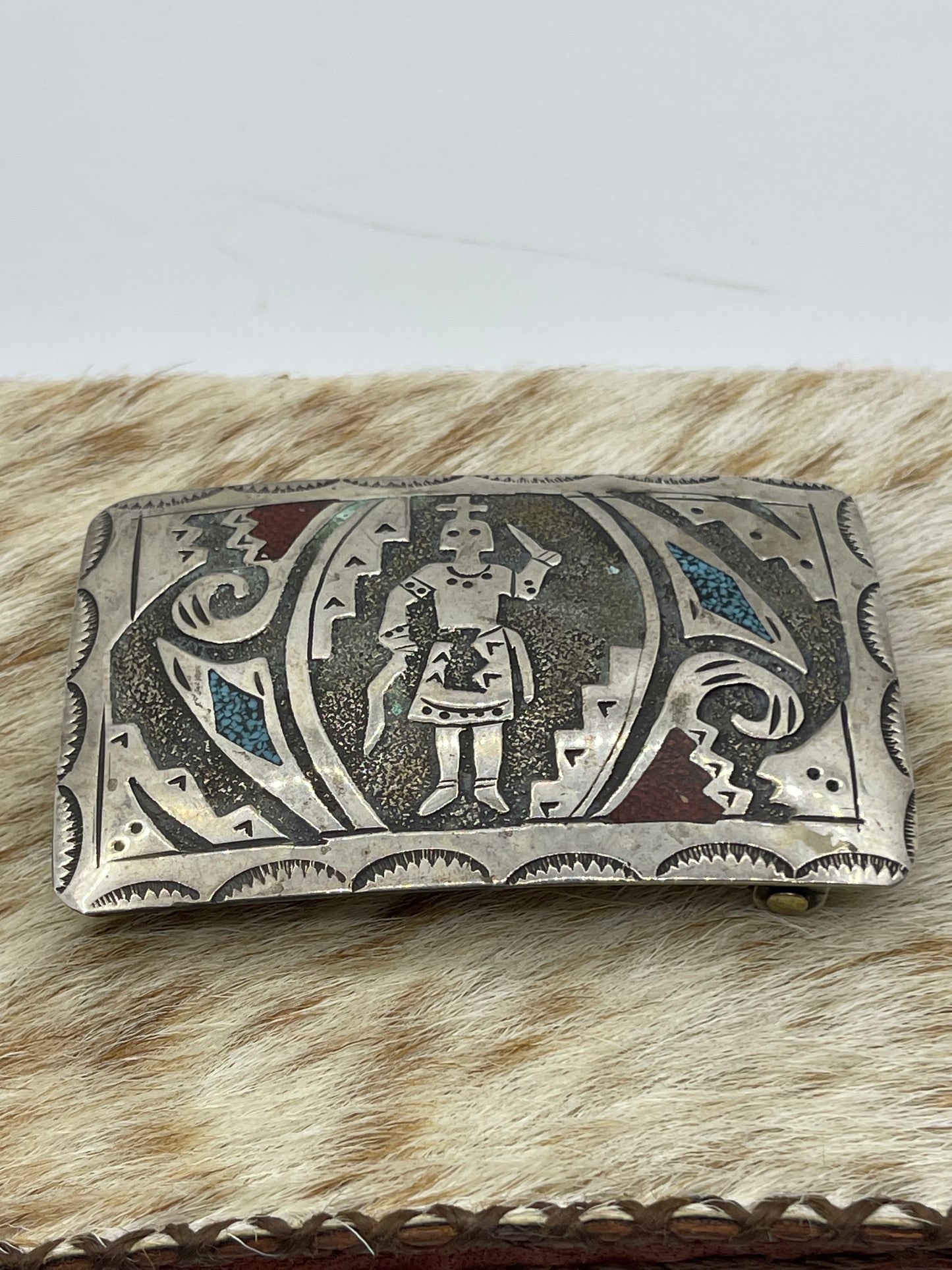 Red Coral and Turquoise Chip Inlay Belt Buckle by Ray Begay, Navajo