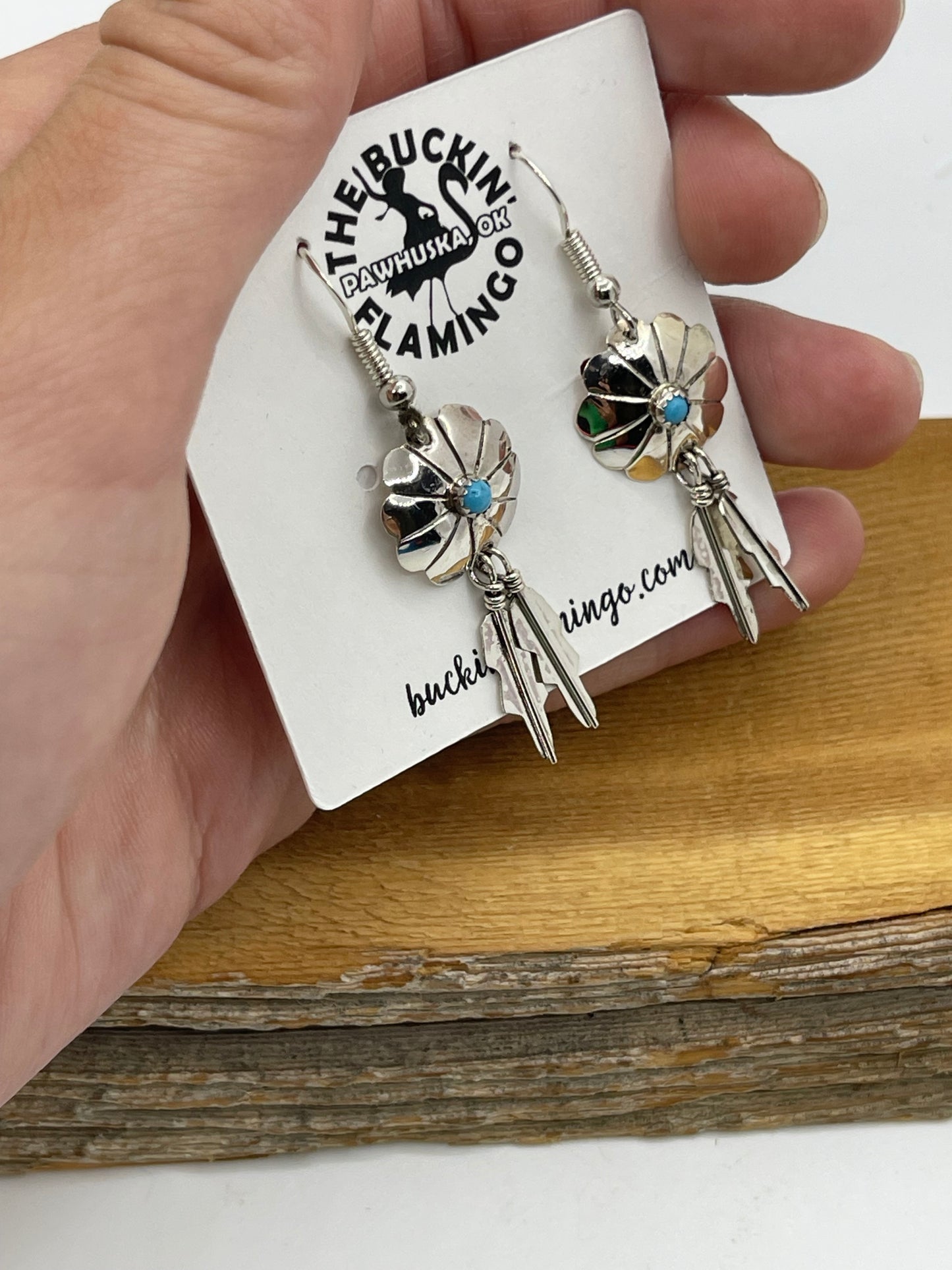 Dangle Concho Feather Earrings with Turquoise Stone by Cornelia Yazhe, Navajo