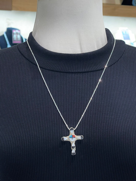24" Necklace Inlay Sunface Cross Pendant by Clifton Bowannie, Zuni