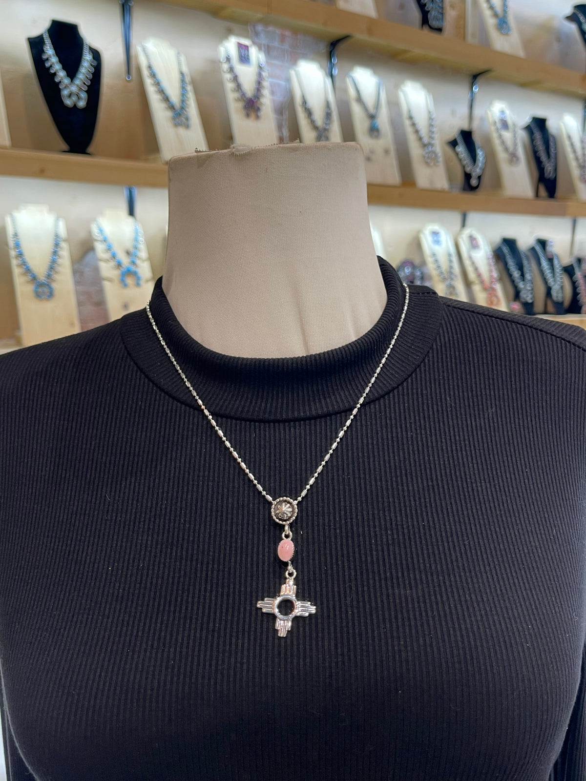20" 3mm Bale Pink Conch Shell Necklace Zia Symbol Pendant by Jerome Lee, Navajo Shepherds Hook Bale