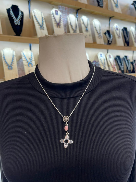 20" 3mm Bale Pink Conch Shell Necklace Zia Symbol Pendant by Jerome Lee, Navajo Shepherds Hook Bale