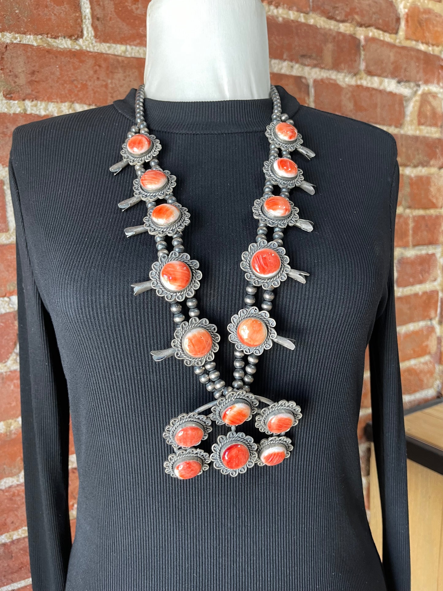 28"+3" Naja Spiny Oyster Squash Blossom Necklace by Gilbert Nez, Navajo
