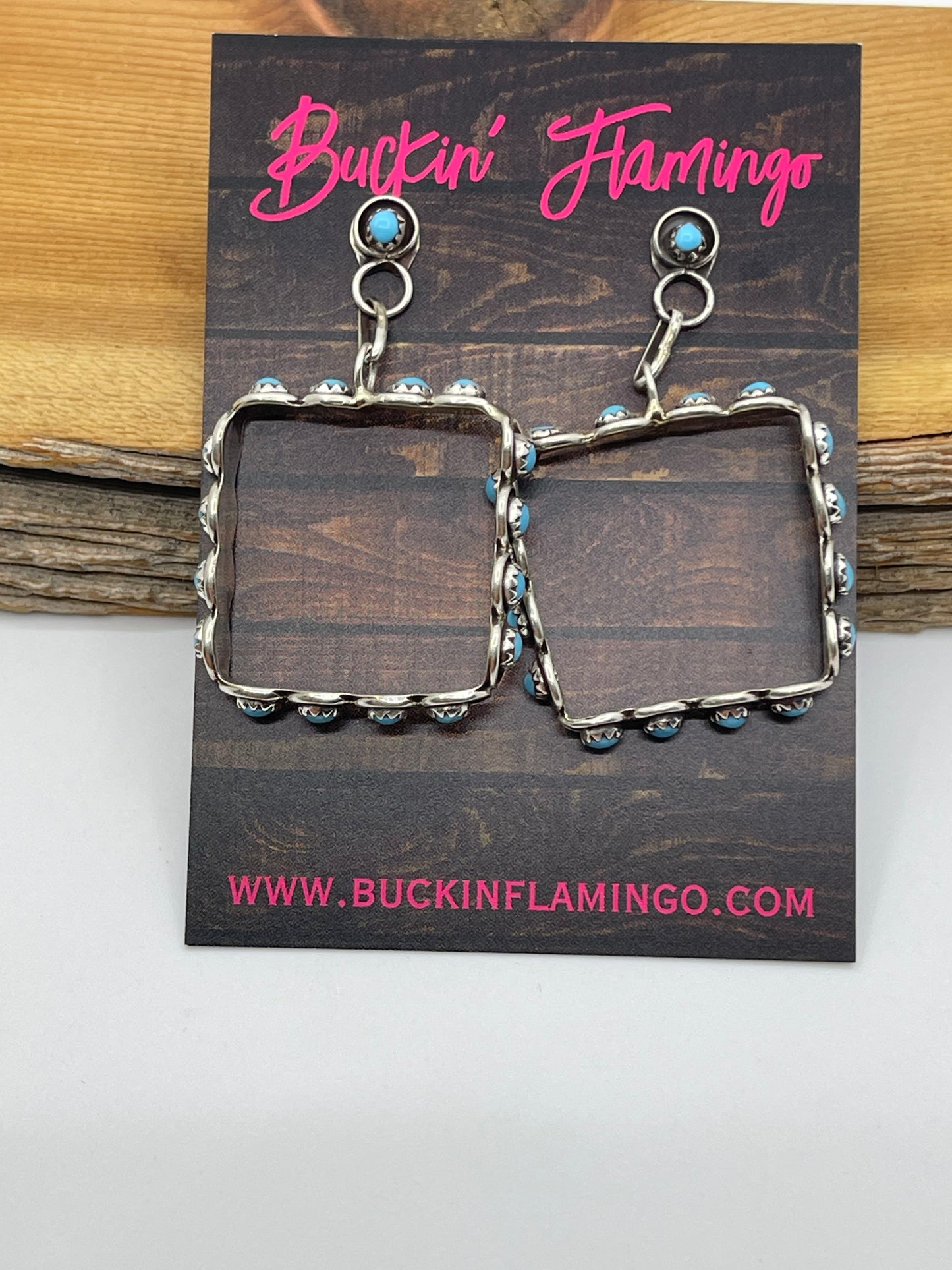 Turquoise Square Picture Frame Post Dangle Earrings by Florenda Lonasee, Zuni