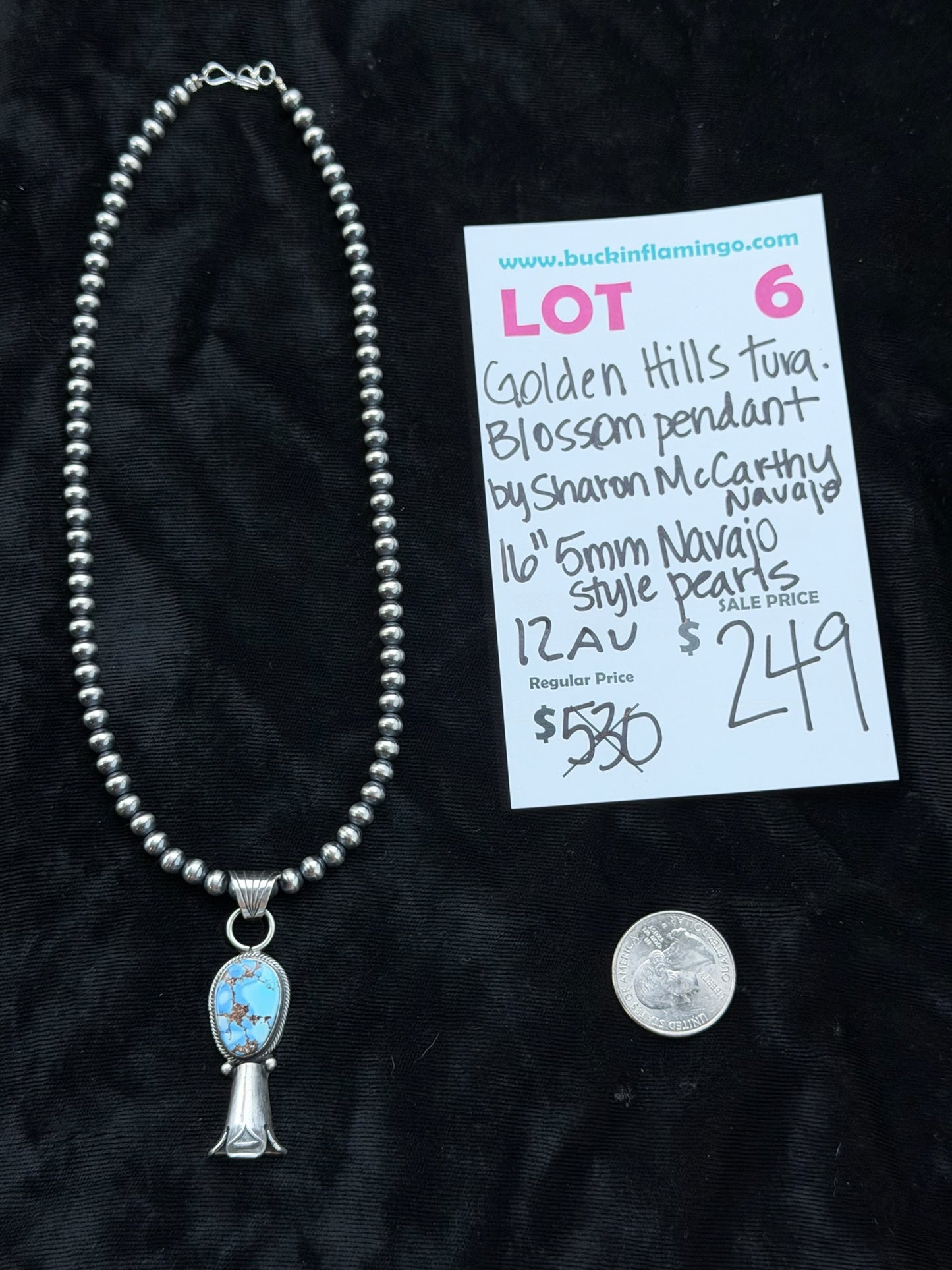 LOT 6 8/9 Golden Hills Turquoise Blossom Pendant by Sharon McCarthy, Navajo on 16" 5mm Navajo Style Pearls