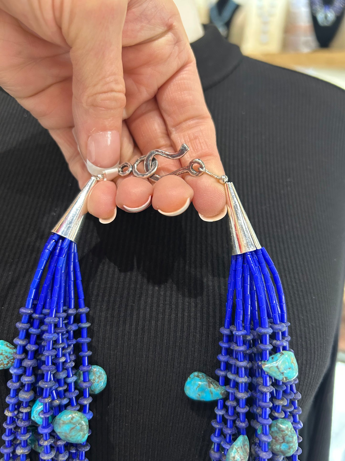 21" 15 Strand Lapis and Turquoise Necklace by Jolene Bird, Santo Domingo
