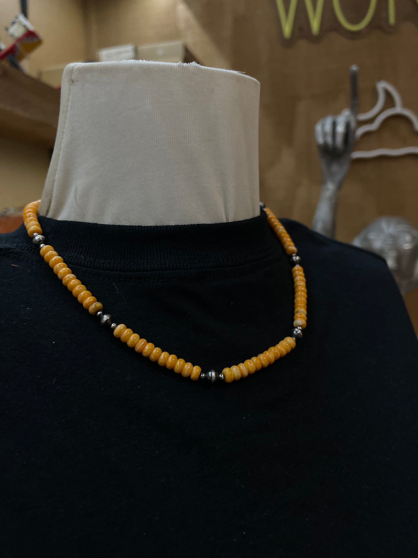 18" 6mm Orange Spiny Oyster and Navajo Pearls Necklace