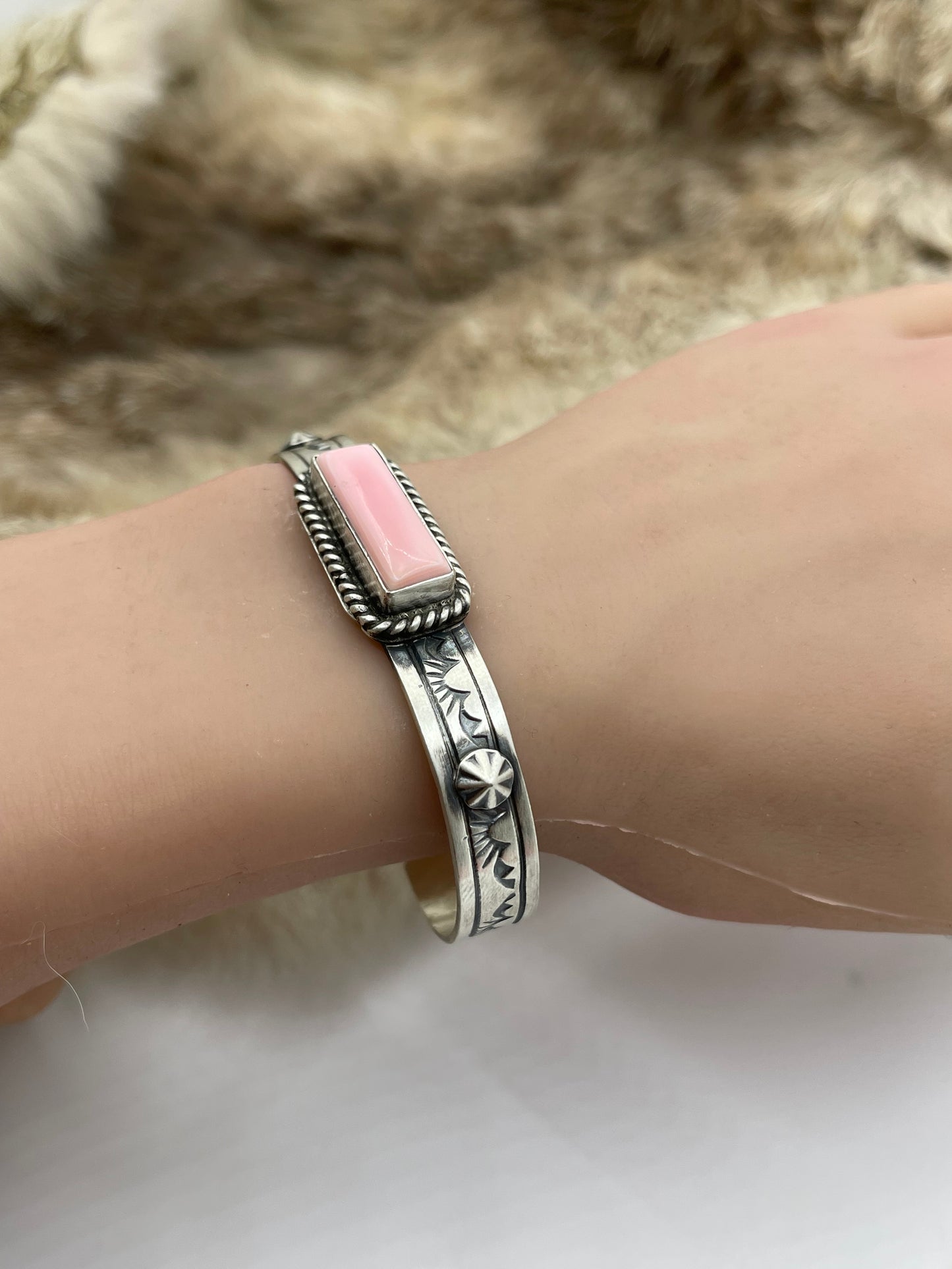 5.75”-7.75” Pink Conch Shell Bar Stacker Cuff by Rick Enriquez, Navajo