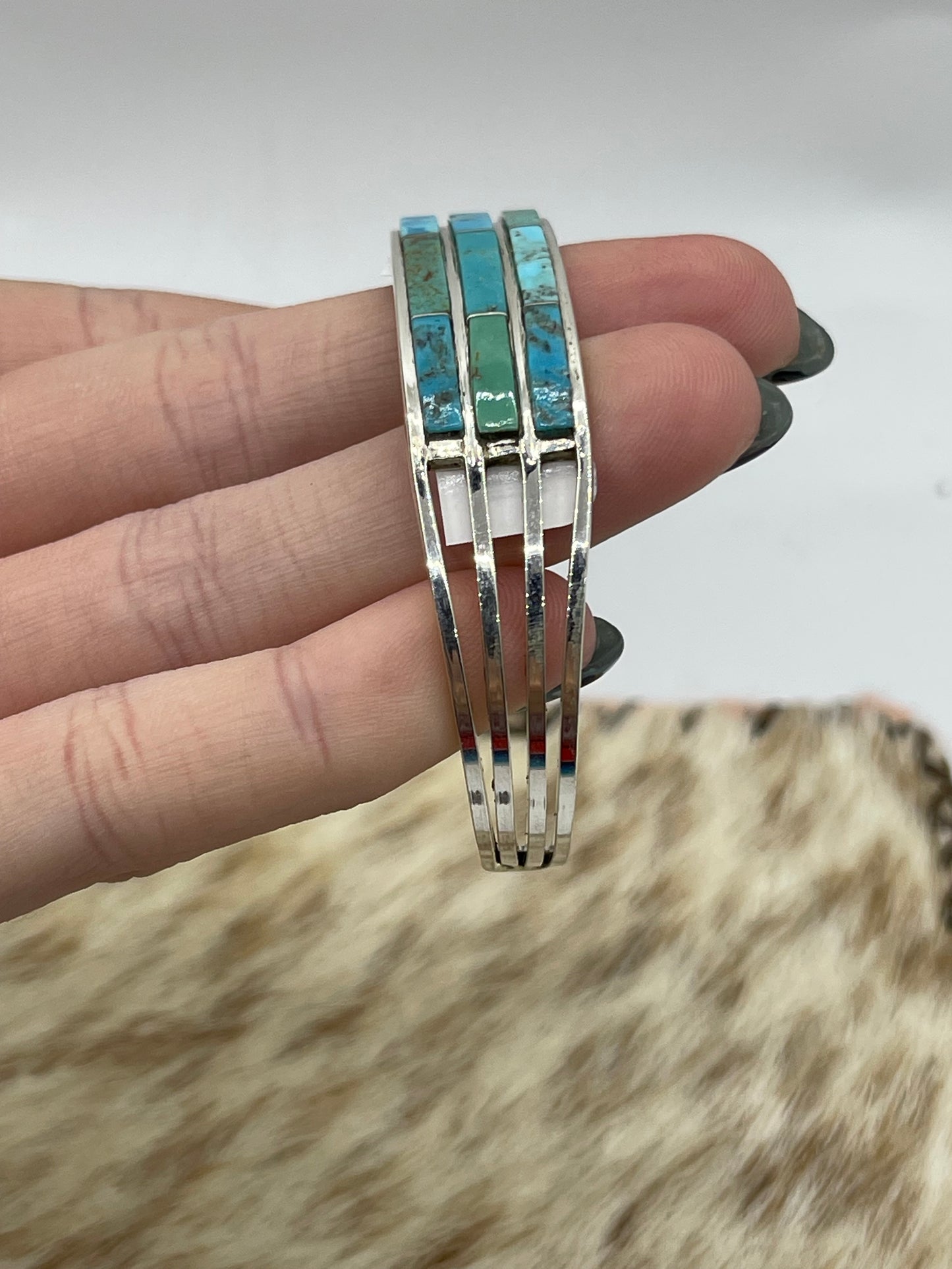 6 1/4" 3 Row Inlay Turquoise Cuff by Jamie Johnson, Navajo