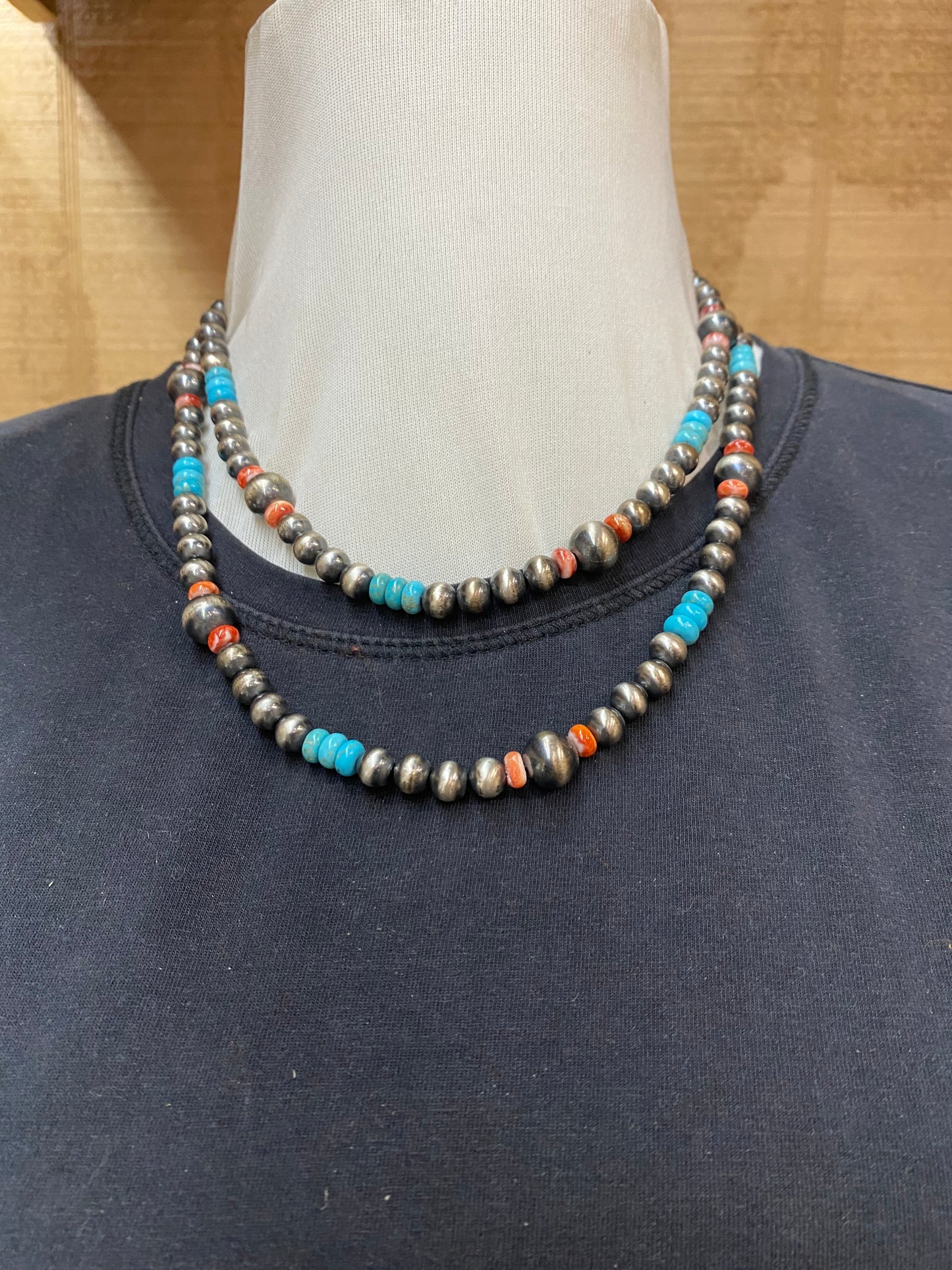 34" Graduated Navajo Pearls with Sleeping Beauty Turquoise and Spiny Oyster Shell Beads