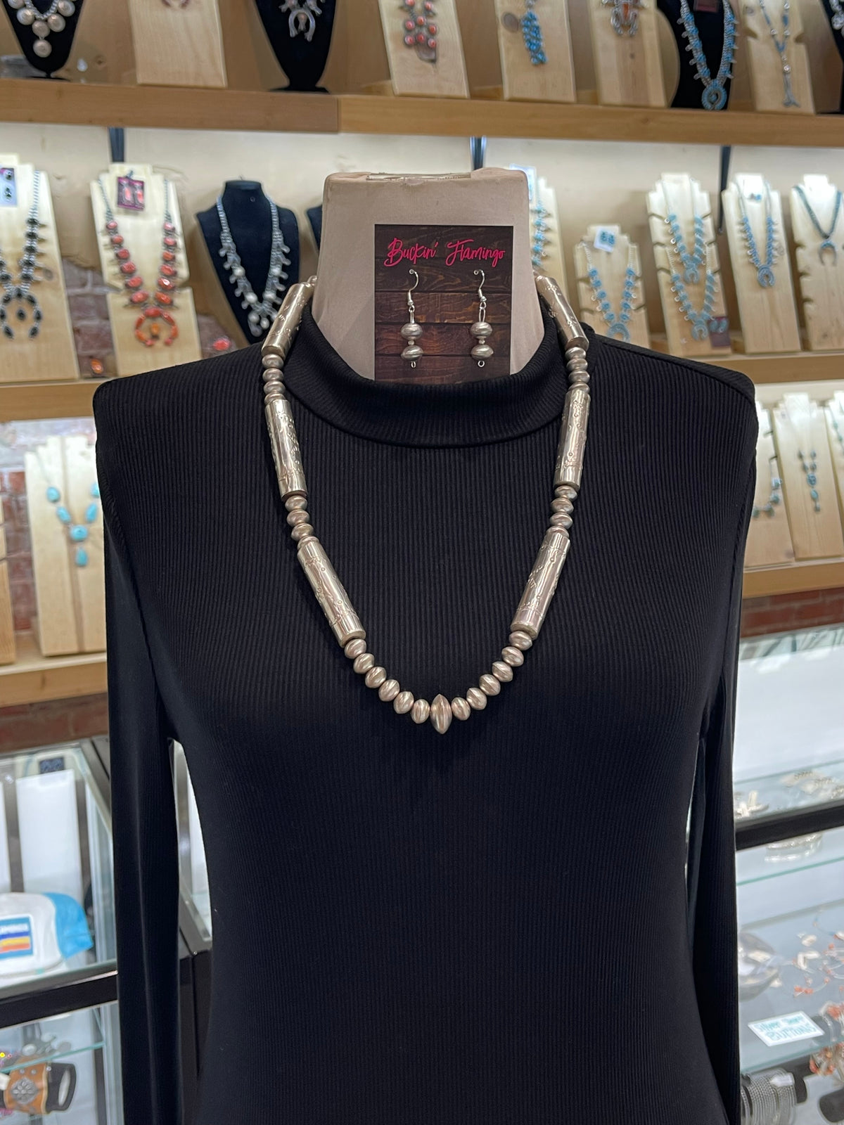 26" Handmade Navajo Pearl Necklace & Earring Set by Tylena Nez, Navajo