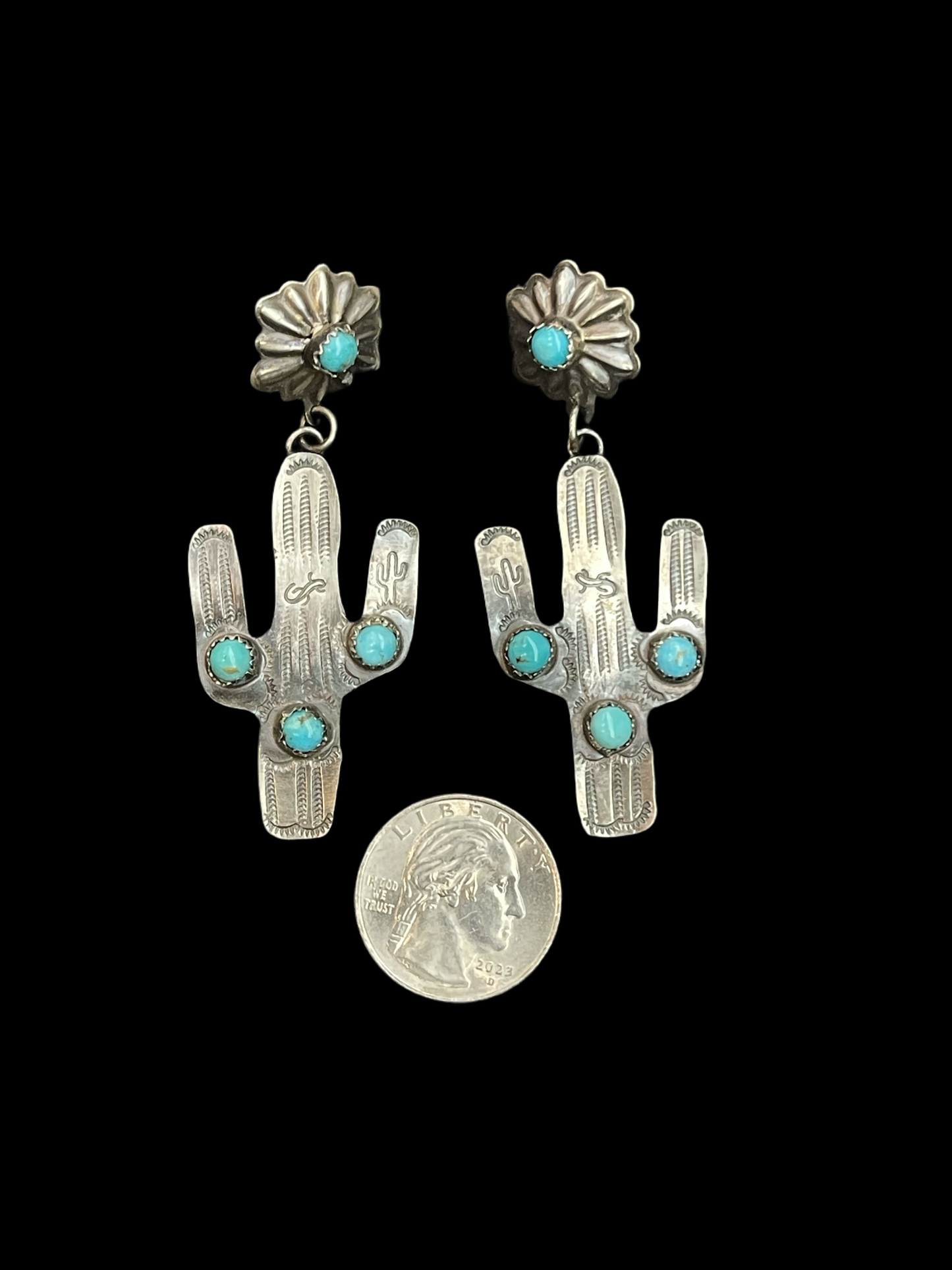 Post Dangle Cactus Earrings with Turquoise Stones