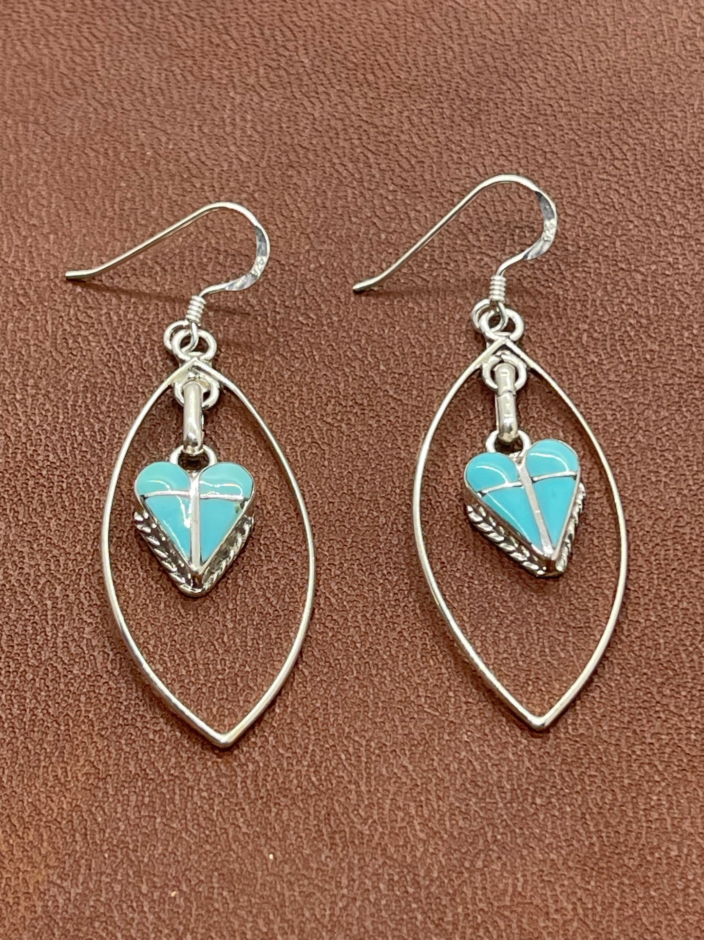 Heart Turquoise Inlay Dangle Earrings by Velda Nastacio, Zuni